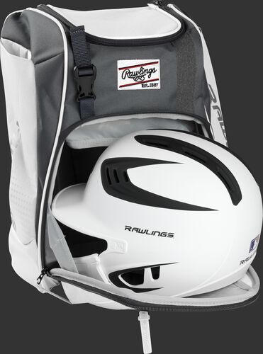 A white/black helmet in the main compartment of a white Rawlings Franchise backpack - SKU: FRANBP-W