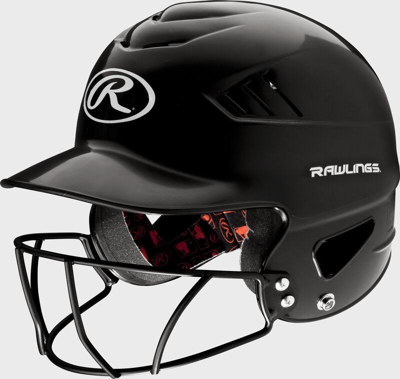 A black RCFHFG Coolflo batting helmet with a navy facemask loading=
