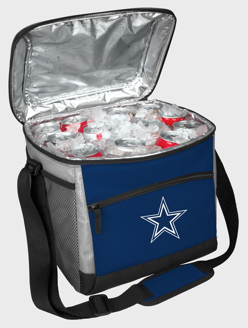 An open Dallas Cowboys 24 can cooler with ice and drinks