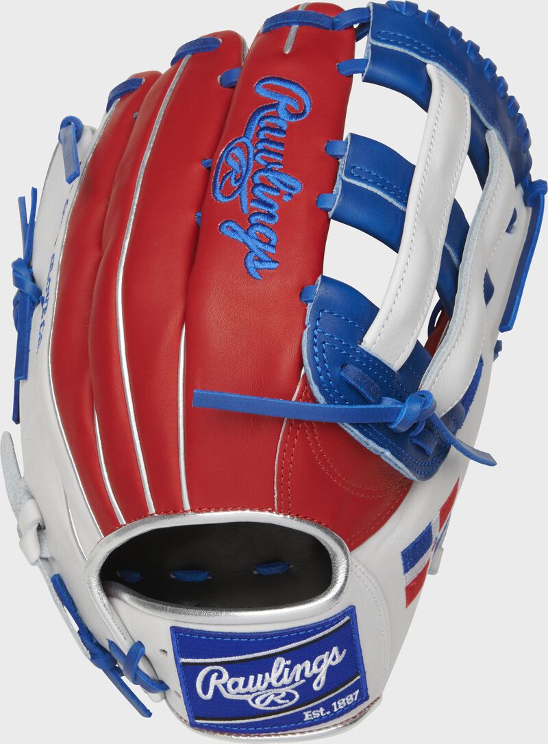 PRO3039-6DR Heart of the Hide 12.75-Inch Dominican Republic outfield glove with a scarlet back