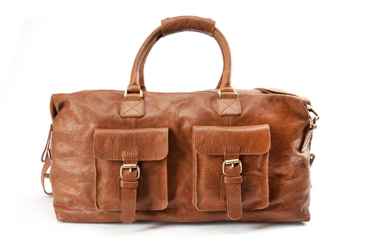 A tan Rugged duffle bag with 2 compartments on the front and leather handles - SKU: V606-202