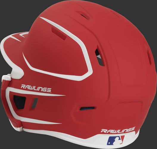 Back left view of a matte scarlet/white MACHEXTR MACH series two-tone batting helmet with air vents