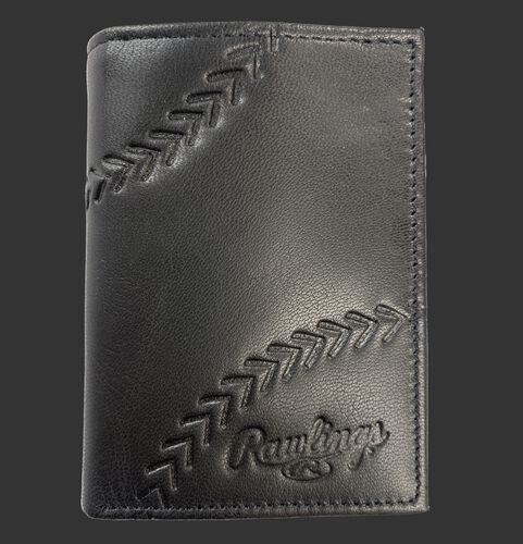 A black Debossed stitch tri-fold wallet with baseball stitches and the Rawlings logo in the bottom right - SKU: RPW008-001