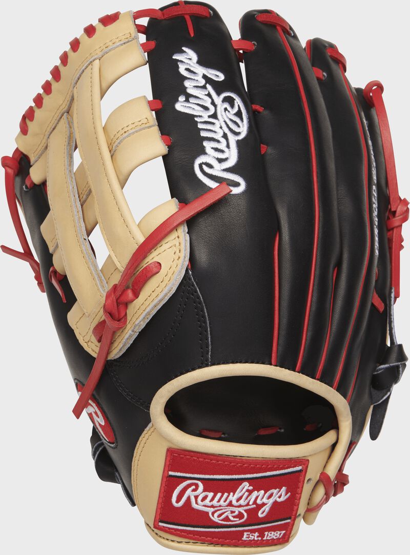Shell back view of tan, black, and red 12.75-inch Rawlings R2G outfield glove | Bryce Harper Pattern