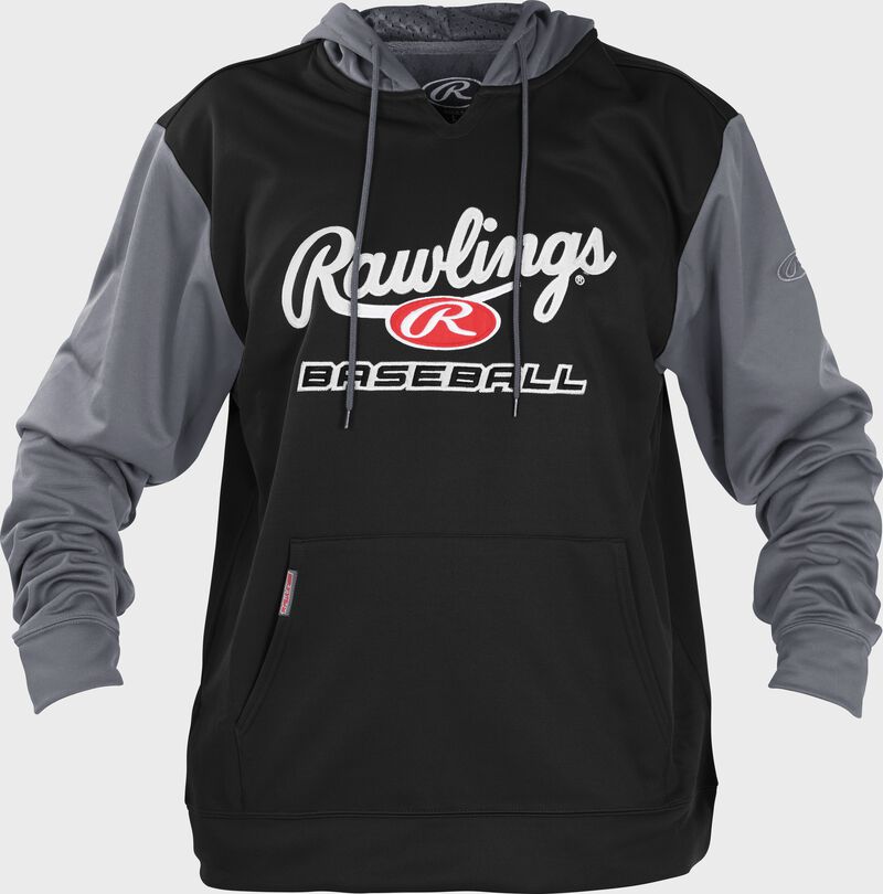 Front of Rawlings Black/Gray Adult long Sleeve Hoodie - SKU #PFHPRBB-GR-88