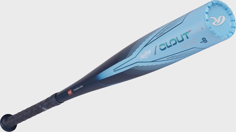 Front 3/4 angle view of a Clout AI -8 USSSA bat with a light blue barrel and end cap - SKU: RUT4C8