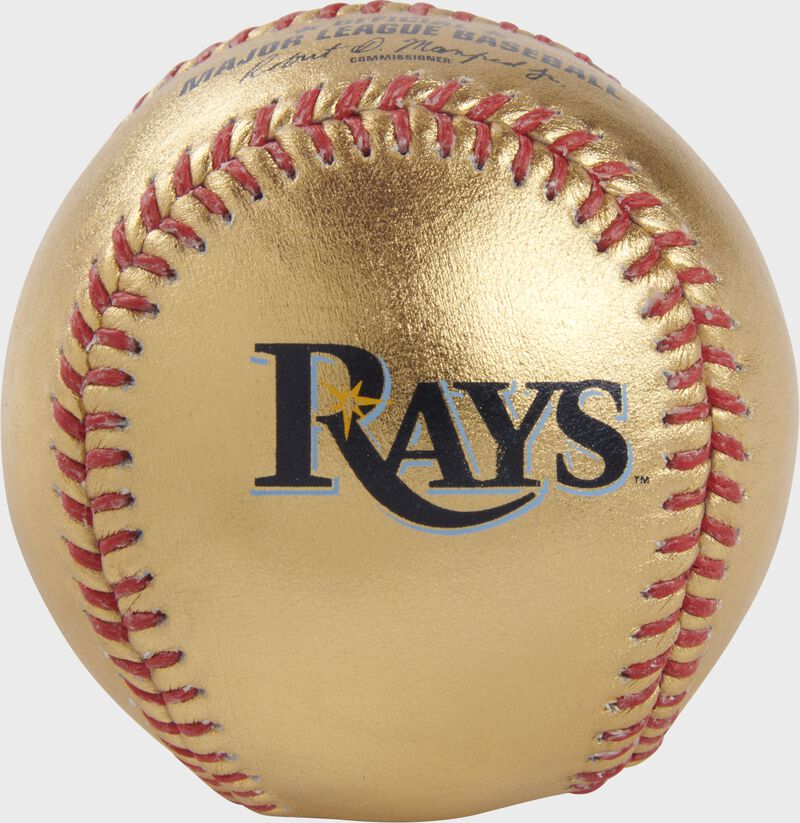 Rays logo on a gold MLB baseball with red stitches - SKU: RSGEA-GOLDTB-R