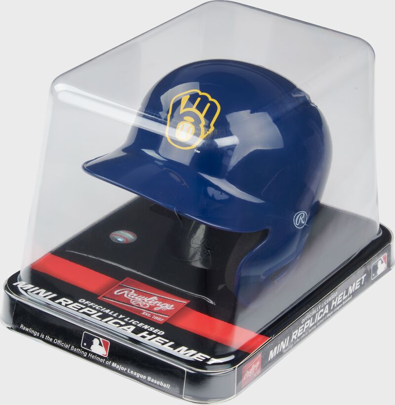 A blue Milwaukee Brewers mini replica helmet in a clear packaging case loading=