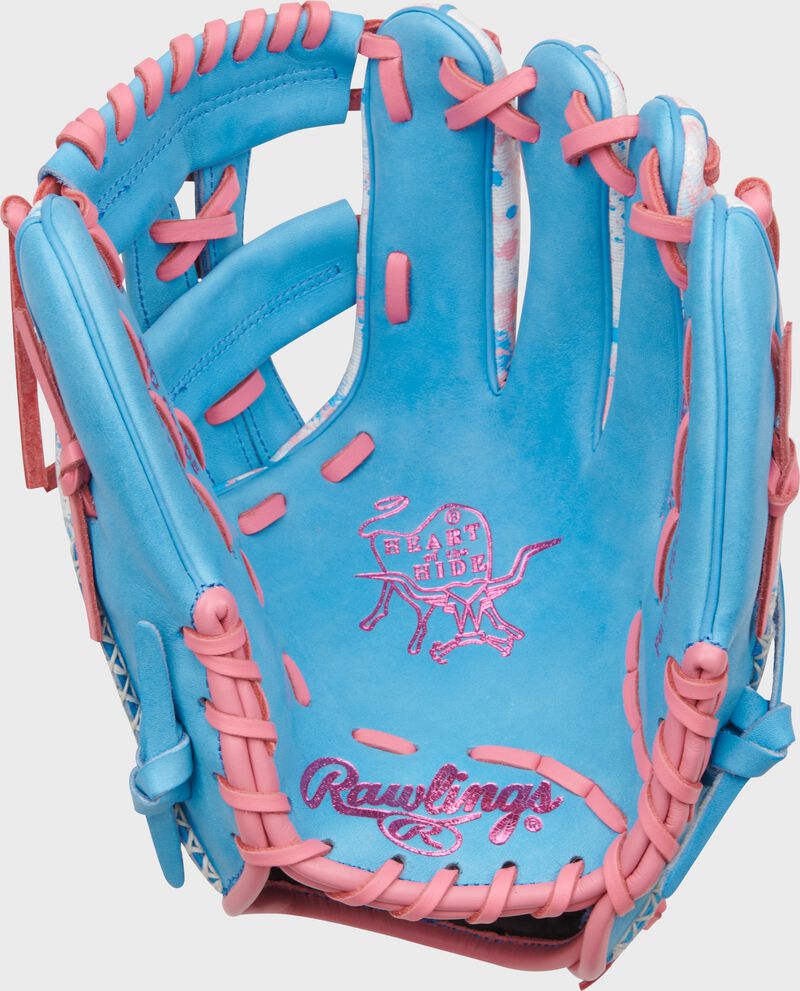 Columbia blue palm of a Rawlings Heart of the Hide UV Print glove with pink laces and pink stamping
