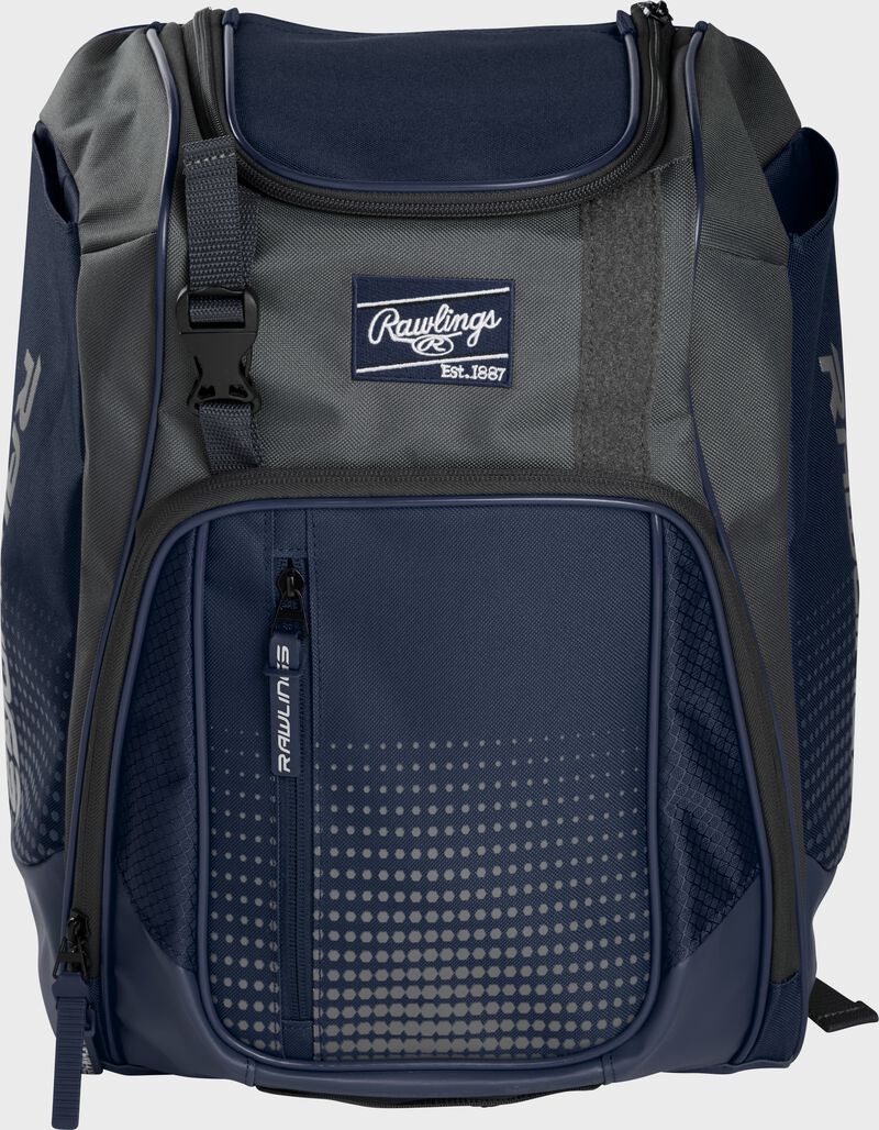 Front of a navy Franchise baseball backpack with gray accents and a navy Rawlings patch - SKU: FRANBP-N