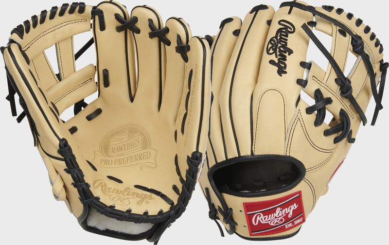 2 views showing the palm/back of a camel Manny Machado Pro Preferred infield glove - SKU: PROSNP5-7MM
