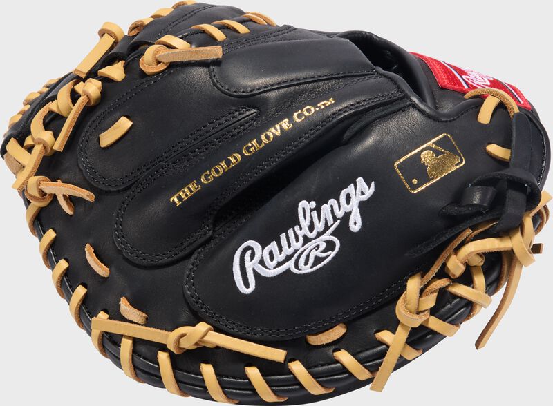 Black back of a Rawlings R9 ContoUR 32-Inch Catcher's Mitt with a white Rawlings logo and MLB logo on the pinky loading=