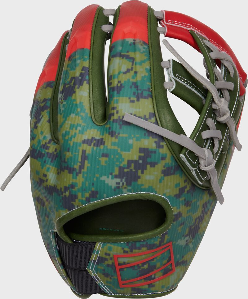 Camo print back of a Rawlings Veteran's Day REV1X 11.75" infield glove