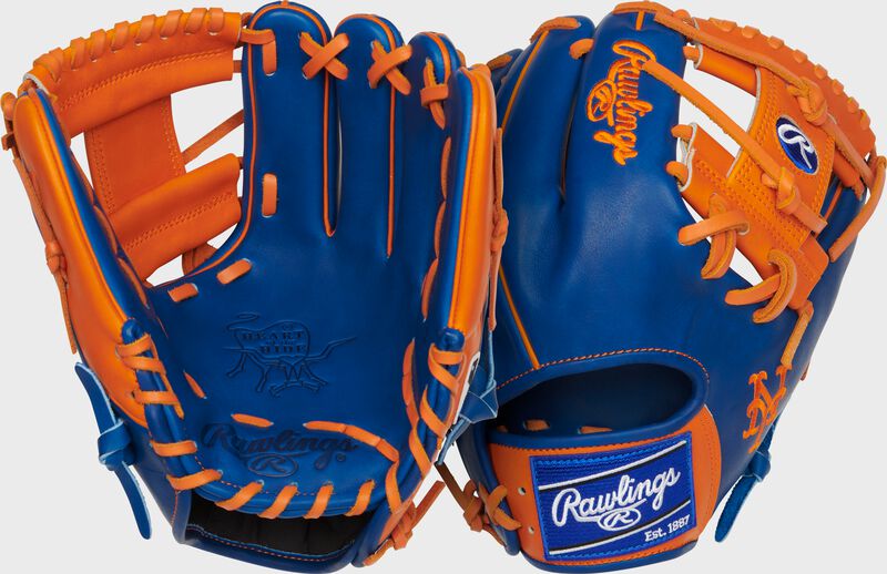 Two images showing the palm & back of a royal/orange New York Mets Heart of the Hide glove