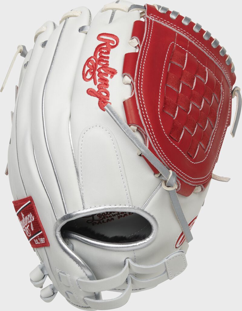 Back of a white/scarlet Liberty Advanced Color Series 12-Inch basket web glove with a pull strap back - SKU: RLA120-3WSP