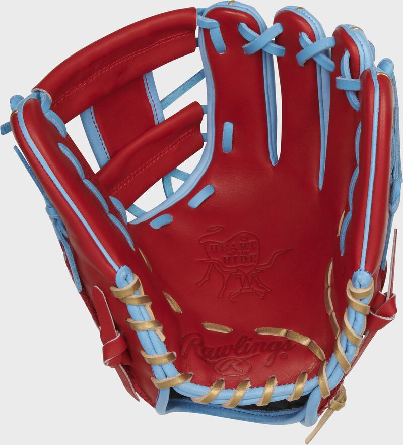 Scarlet palm of a Rawlings HOH ColorSync 6.0 infield glove with Columbia blue laces - SKU: PRO204-2SCB