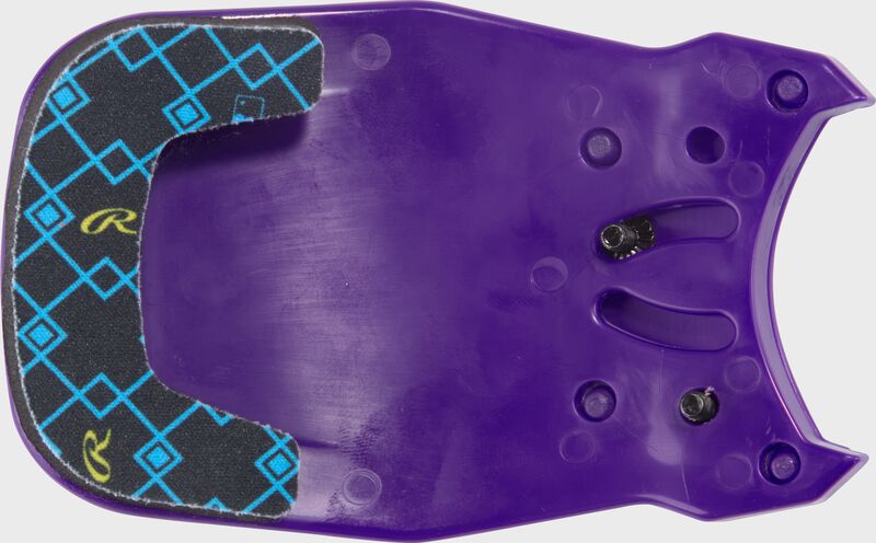 Inside of a purple Rawlings RX2 Reverse adjustable batting helmet extension with black padding