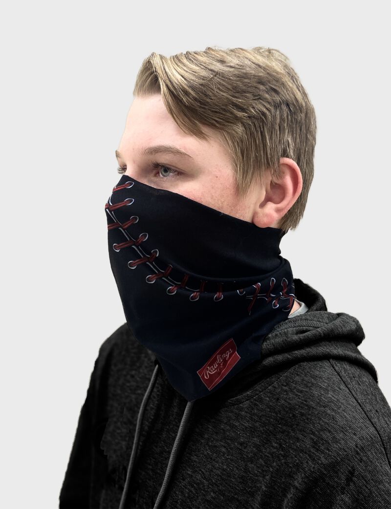 Side view of a kid wearing a black youth multi-functional head and face gear cover with it covering his mouth/nose - SKU: YRC40001-001