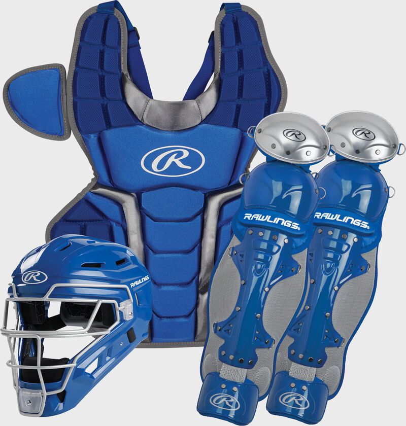 A royal 2022 Renegade 2.0 catcher's gear set with a helmet, chest protector and leg guards - SKU: R2CSA-R/SIL