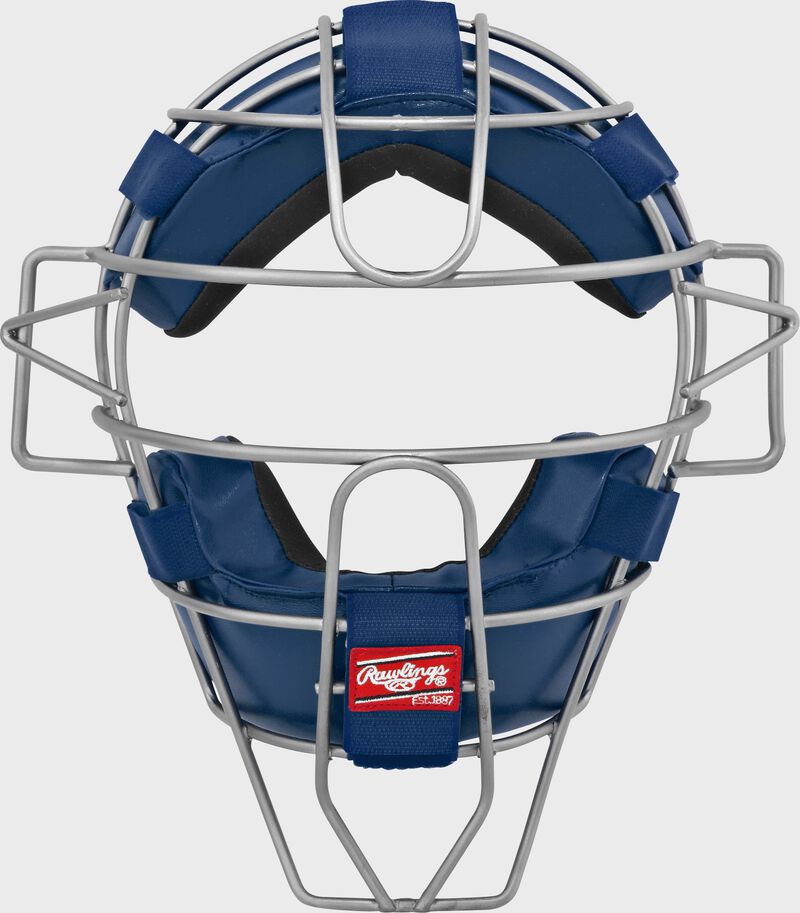 A LWMX2 adult lightweight hollow wire catcher/umpire mask with navy padding and silver cage