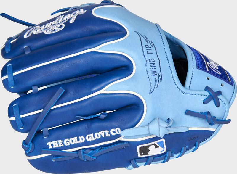 Royal/Columbia blue back of a Kansas City Royals Heart of the Hide infield glove with the MLB logo on the pinky - SKU: RSGPRO204W-2KC