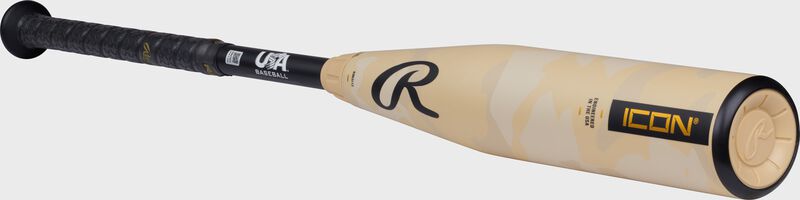 Angled view of a tan/black -12 Rawlings Icon USA Baseball bat loading=