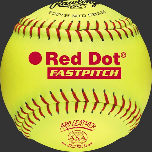 A yellow PX11RYLA ASA NFHS 11-inch Red Dot softball with red stitching