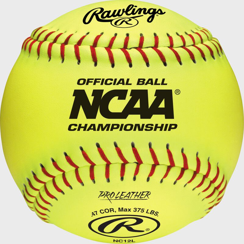 A yellow NC12L NCAA official 12" softball with the NCAA logo and red stitching