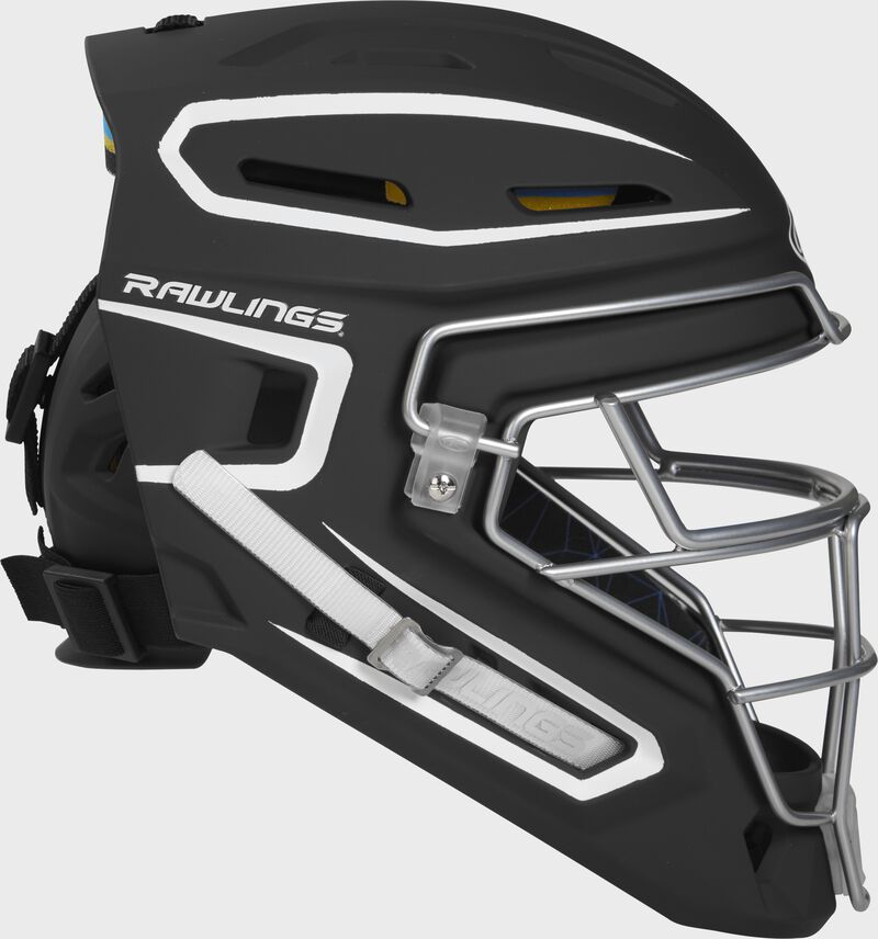 Right side of a black/white CHMCHS Mach senior size catcher's helmet