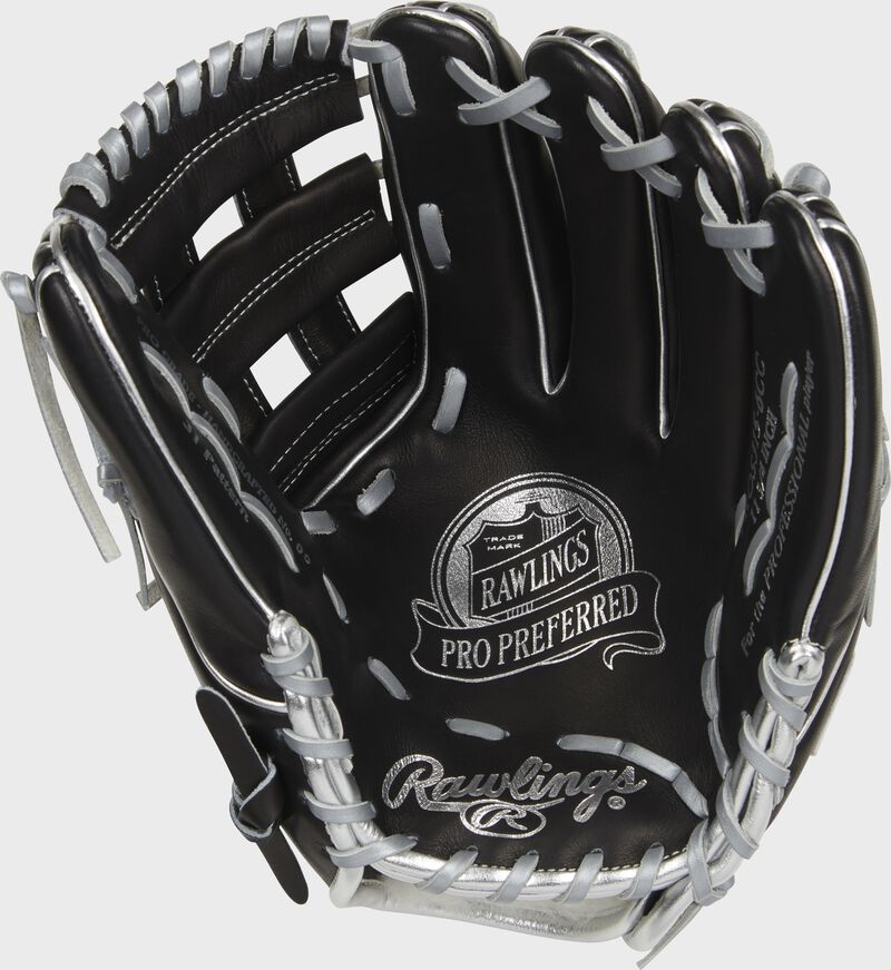 Black palm of a Rawlings Pro Preferred Carlos Correa glove with silver metallic laces and silver stamping - SKU: PROS315-6CC