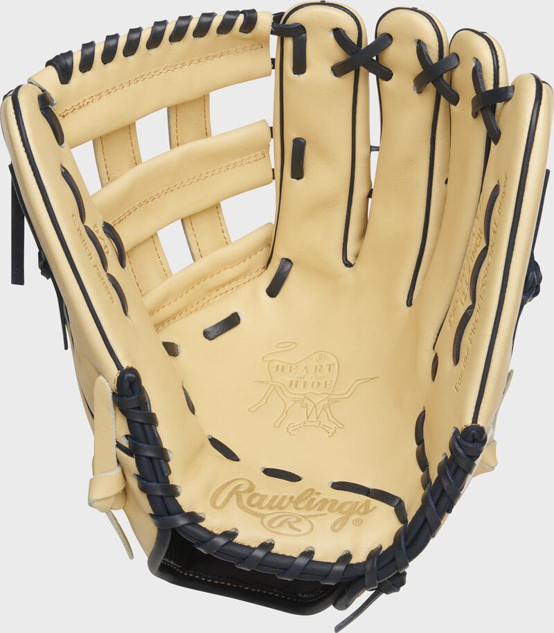 Shell palm view of camel Gameday 57 Series Christian Yelich Heart of the Hide glove loading=