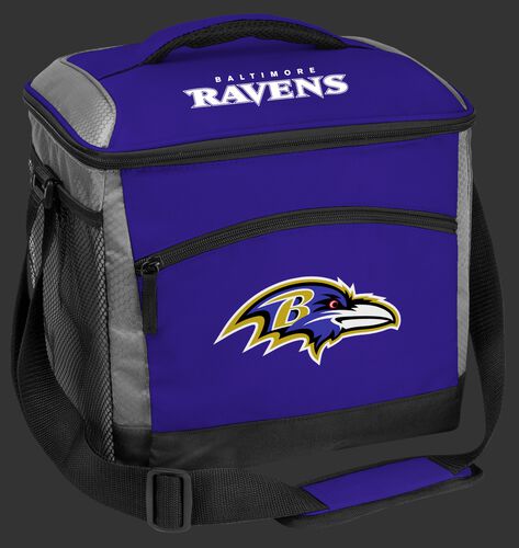 A purple Baltimore Ravens 24 can soft sided cooler with screen printed logos - SKU: 10211092111