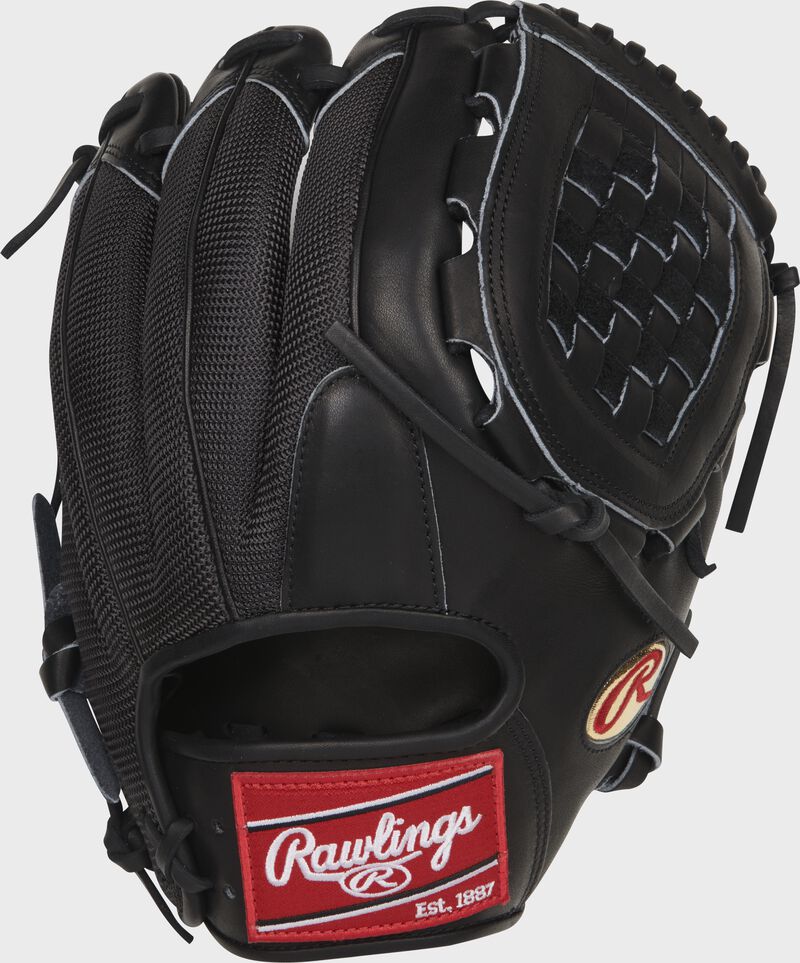 Black back of a 12" Heart of the Hide mesh Basket web glove with a red Rawlings patch - SKU: PRO12-JV35