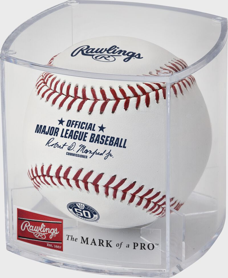 A Milwaukee Brewers 50th anniversary ball in a clear display cube - SKU: ROMLBMB50 loading=