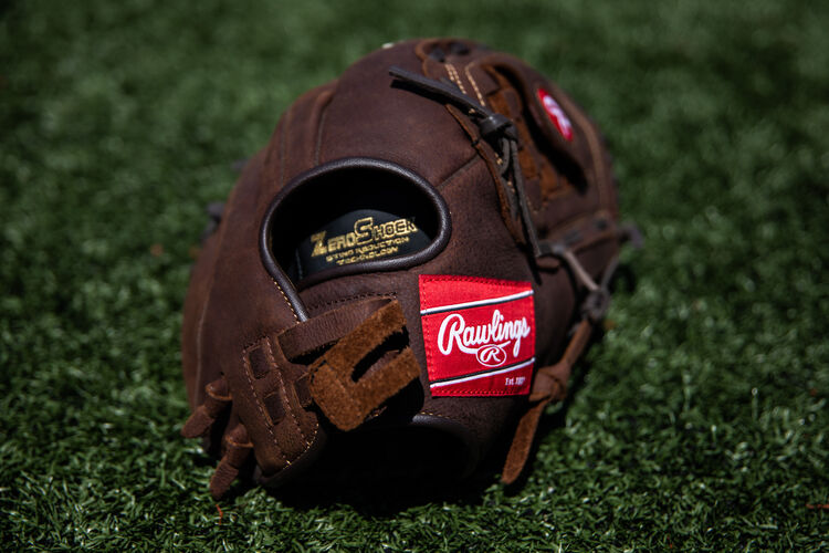 Rawlings patch on a pull strap back of a Player Preferred recreational glove lying on a field - SKU: P140BPS