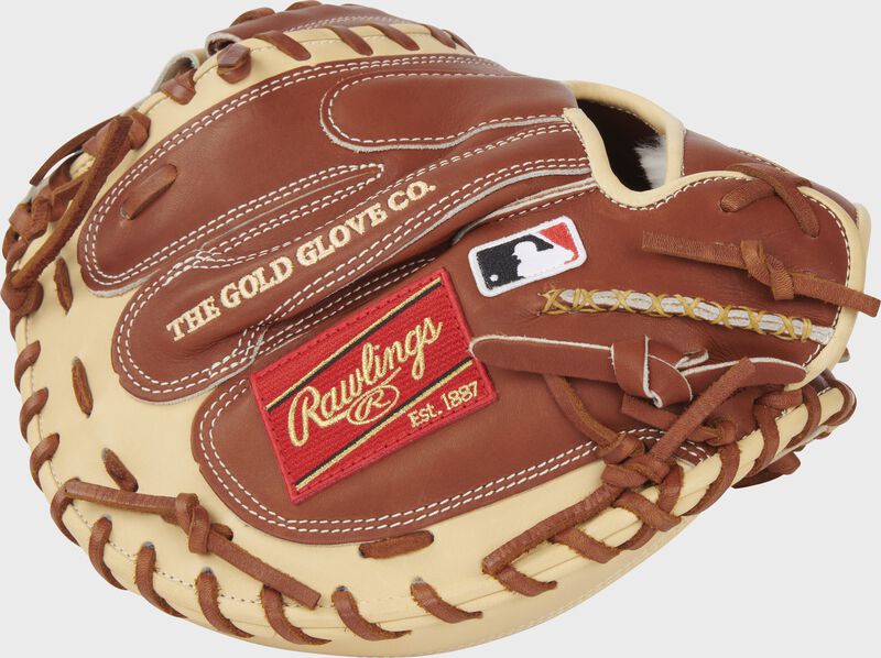 Back of a Rawlings Pro Preferred 33-Inch catcher's mitt with the MLB logo on the pinky - SKU: PROSCM33BRC
