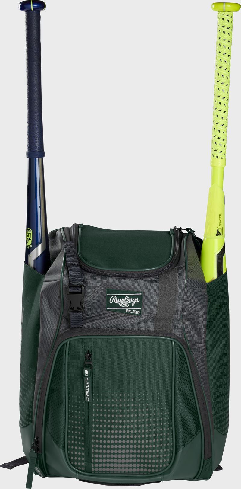 Front of a dark green Rawlings Franchise baseball backpack with two bats in the side sleeves - SKU: FRANBP-DG