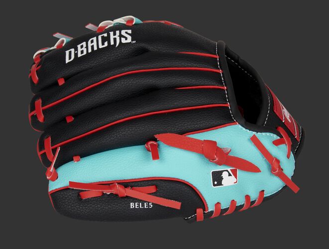 Back of a black/teal Arizona Diamondbacks youth glove with the MLB logo on the pinky - SKU: 22000010111