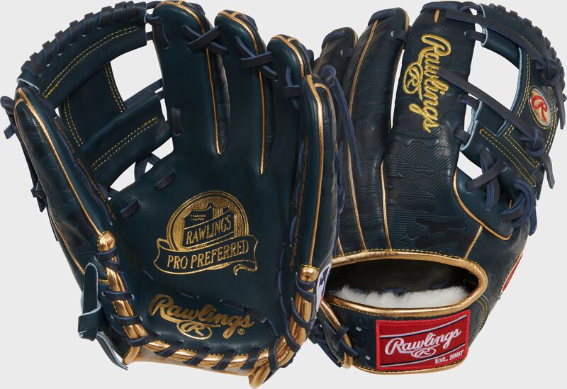 Two images showing the palm & back of a navy Gameday 57 Series Anthony Volpe Pro Preferred glove