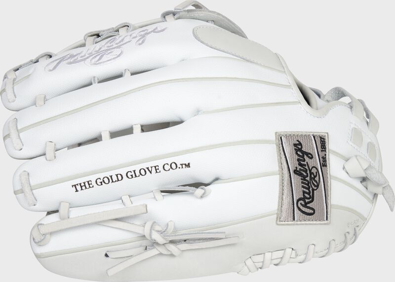 Back of a white Liberty Advanced Color Series 12.75-Inch outfield glove with a silver Rawlings patch - SKU: RLA1275SB-6WSS loading=