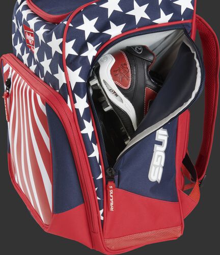 A cleat in the side cleat pocket of a USA Legion baseball backpack - SKU: LEGION-USA