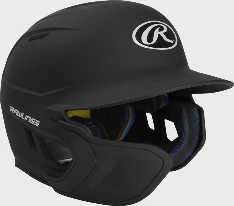 Front right-side view of Mach Left Handed Batting Helmet with EXT Flap| 1-tone, Black loading=