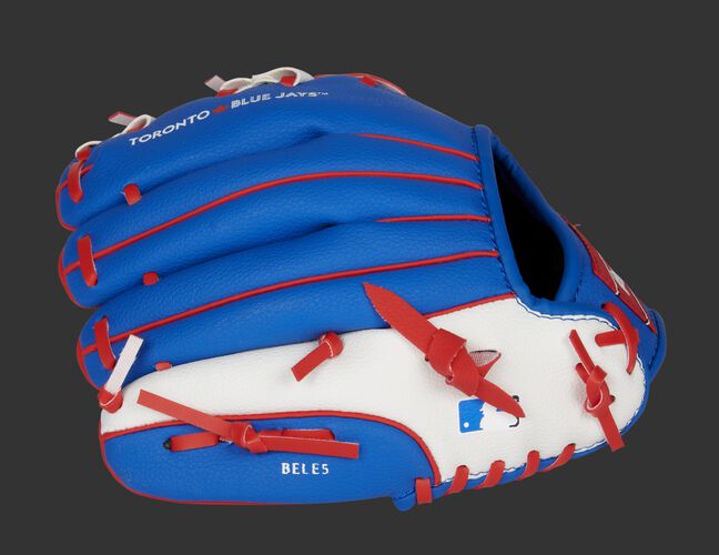 Back of a blue/white Toronto Blue Jays glove with the MLB logo on the pinky - SKU: 22000004111