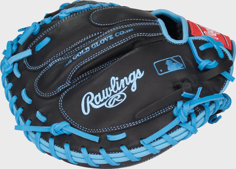 Black back of a R9 Series 32.5-Inch Catcher's Mitt with the MLB logo on the pinky
