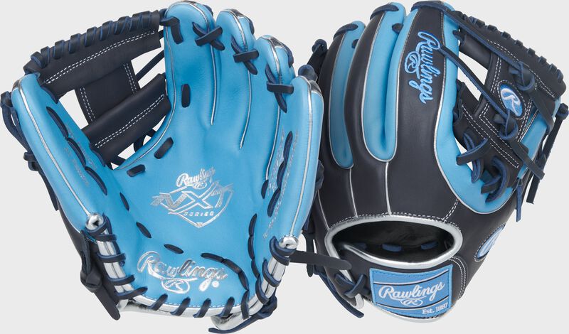 Two images showing the palm & back of a Columbia blue/navy Rawlings NXT Series 11.25-Inch Infield Glove loading=