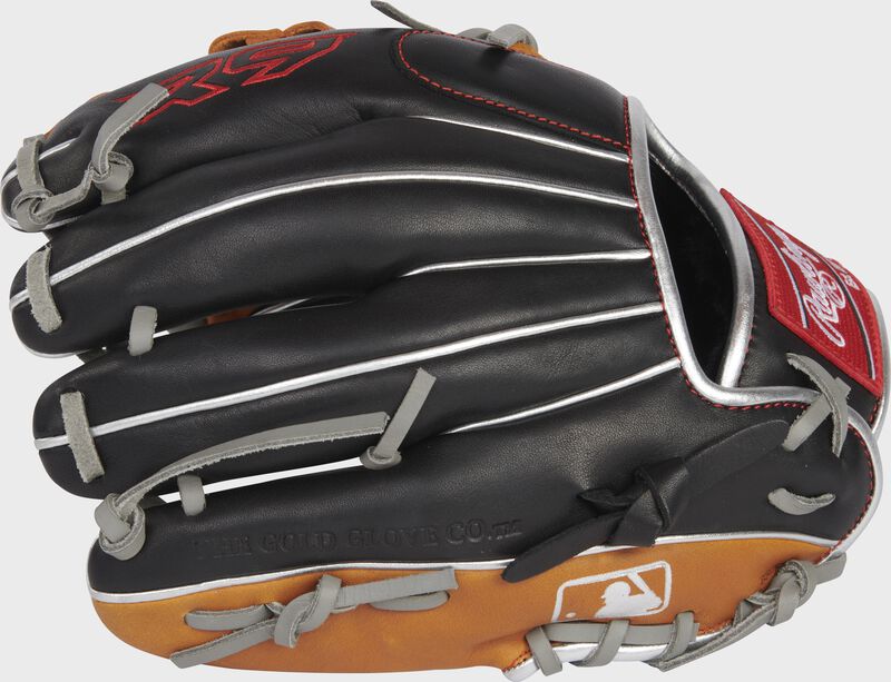Back of a black/tan R9 ContoUR 11" infield glove with the MLB logo on the pinky - SKU: R9110U-19BT