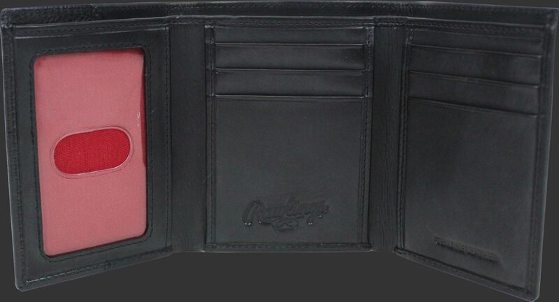 Inside of a black RW80003-001 Rawlings tri-fold wallet with 6 credit card slots and clear ID window on the left