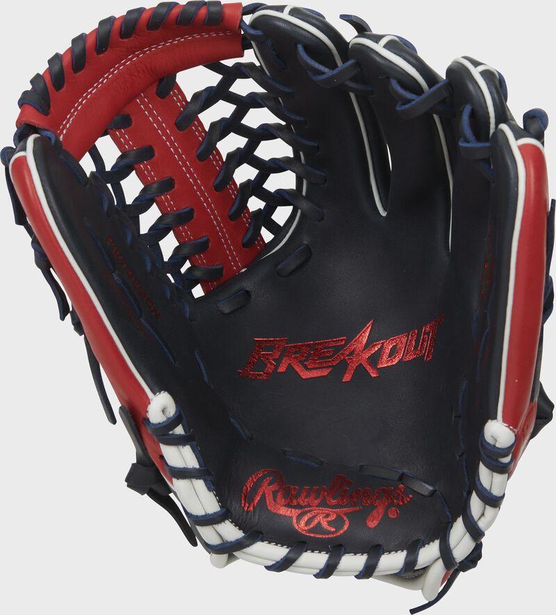 Shell palm view of red, white and blue 2022 Breakout 12-inch infield/pitcher's glove