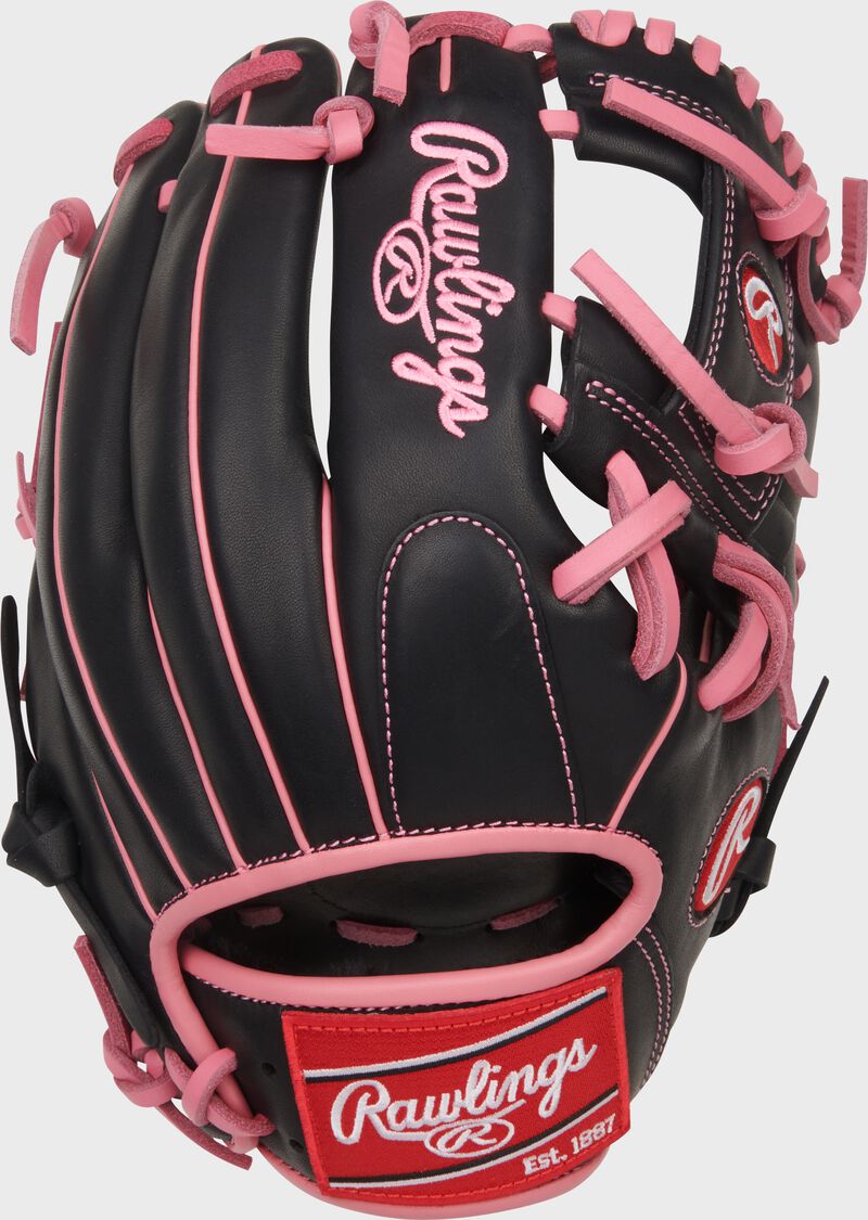 Back of a black Rawlings R9 Series 11.5-Inch Infield Glove with a red Rawlings patch loading=