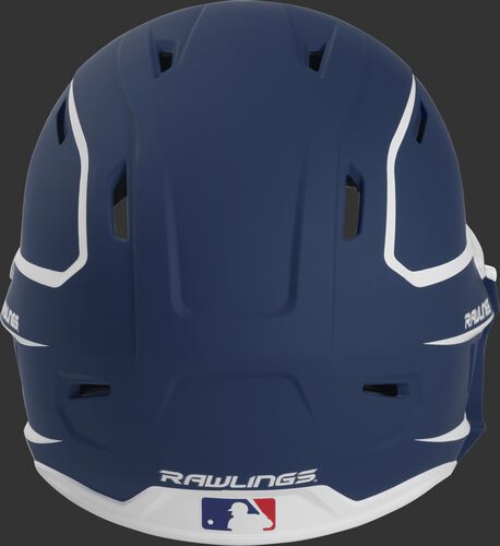 Back of a MACHEXTR high performance junior MACH helmet with a matte navy/white shell and Official Batting Helmet of MLB logo